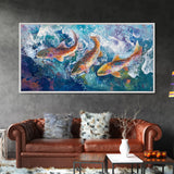 Koi Fish Painting, Framed Canvas Print, fly fishing art, trout art, extra wide painting, colorful fish painting, panoramic art