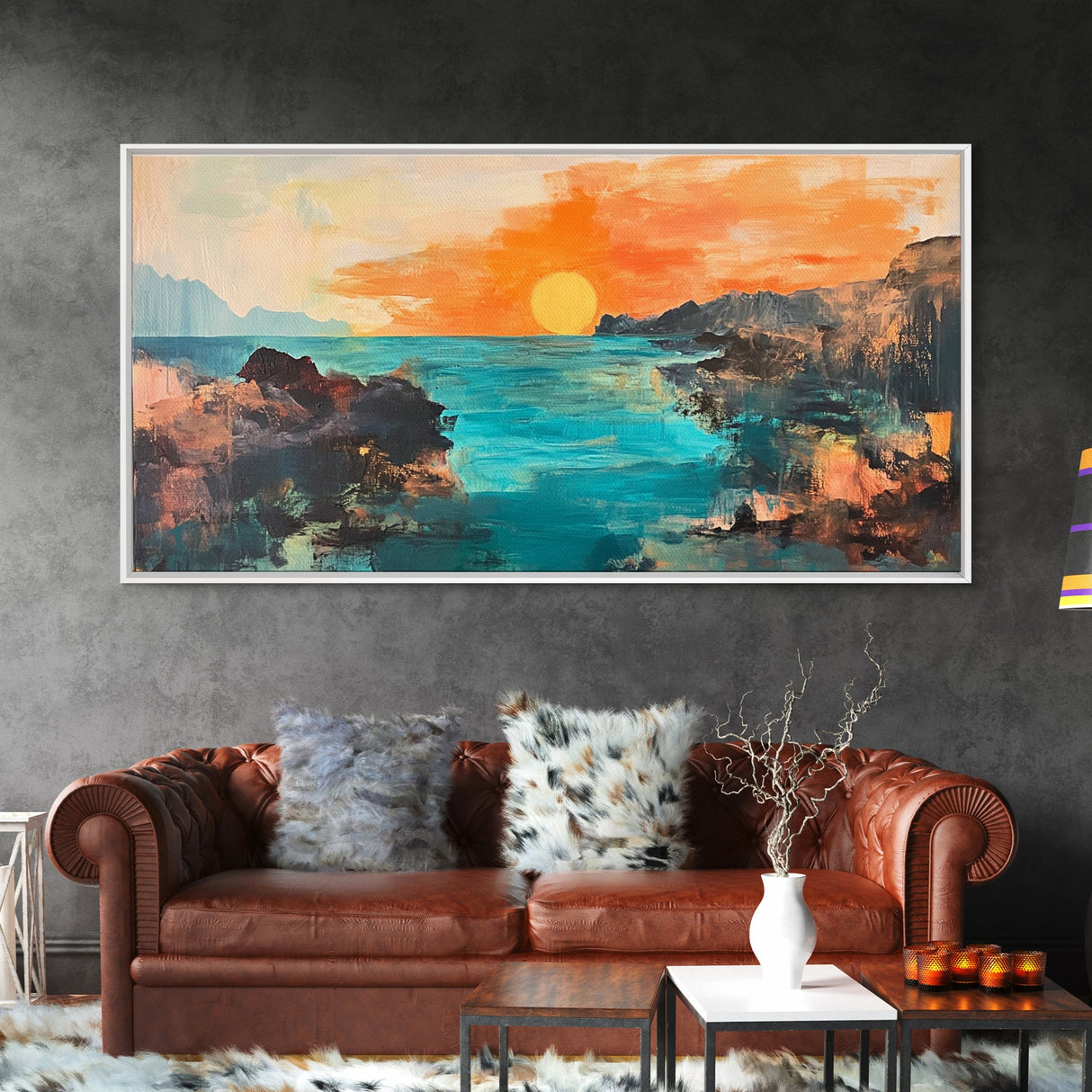 Sunset Seascape, Framed Canvas Print, coastal landscape art, panoramic painting, extra wide painting, above bed art, ocean wall art