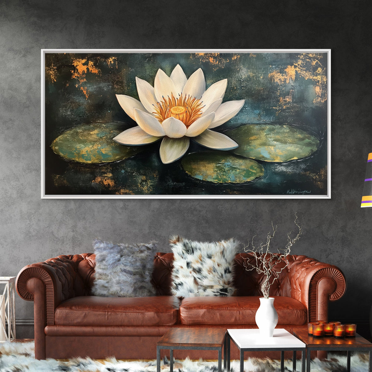 White Lotus, Framed Canvas Print, botanical prints, zen wall art, meditative decor, extra wide painting, spiritual art