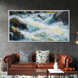 Waterfall, rushing stream, Canvas Print, landscape painting, above couch art, extra wide art, nature art, mountain painting