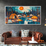 Camping painting, rustic wall art, pine tree art, mountain painting, nature lovers, warm glow, framed canvas print, wabi sabi art, moody art