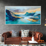 Serene Fjord, mountain painting, lake Tahoe art, blue and green wall art, panoramic painting, extra wide art, Framed Canvas Print, above sofa art