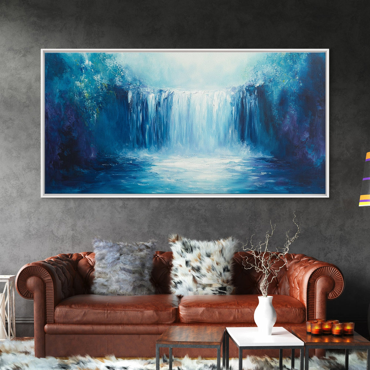 Majestic Waterfall, moody art, blue and green wall art, landscape painting, wabi sabi art, Framed Canvas Print, nature inspired art
