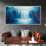 Majestic Waterfall, moody art, blue and green wall art, landscape painting, wabi sabi art, Framed Canvas Print, nature inspired art