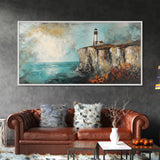 Lighthouse at Cliff, nautical wall art, coastal decor, dramatic seascape painting, panoramic painting, Framed Canvas Print, above sofa art