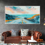 Open Road, Ocean View Highway, Coastal Landscape, Nautical Painting, Lake Tahoe Art, Panoramic Art, Canvas Print, Horizontal Art