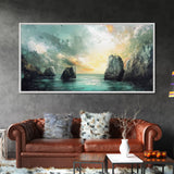 Ocean Cliffs, landscape painting, nautical wall art, moody art, wabi sabi art, extra wide art, textured art, Framed Canvas Print