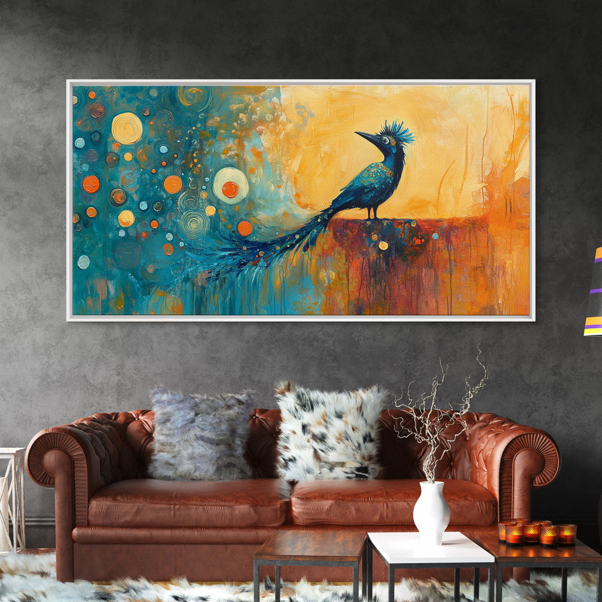 Whimsical Bird Art, Peacock Wall Art, Surreal Painting, Colorful Wall Art, Boho Art, Fantasy Art, Extra Wide Art, Framed Canvas Print