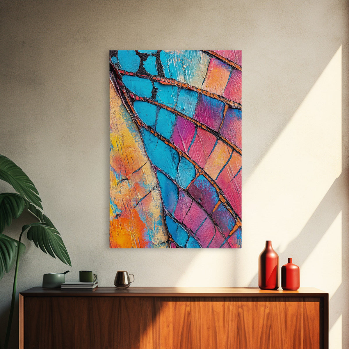 Abstract texture, pink abstract art, teal wall art, mosaic wall art, framed canvas print, geometric wall art, colorful home decor