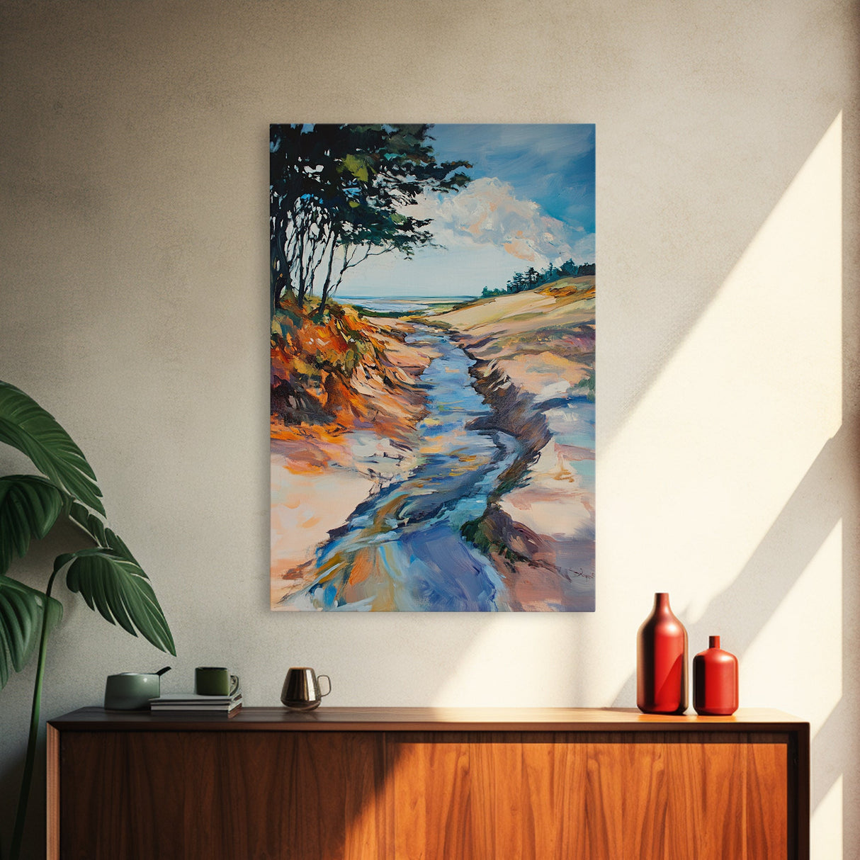 Minimalist landscape, wabi sabi wall art, rustic decor, above bed wall art, framed canvas print, neutral art, extra wide painting