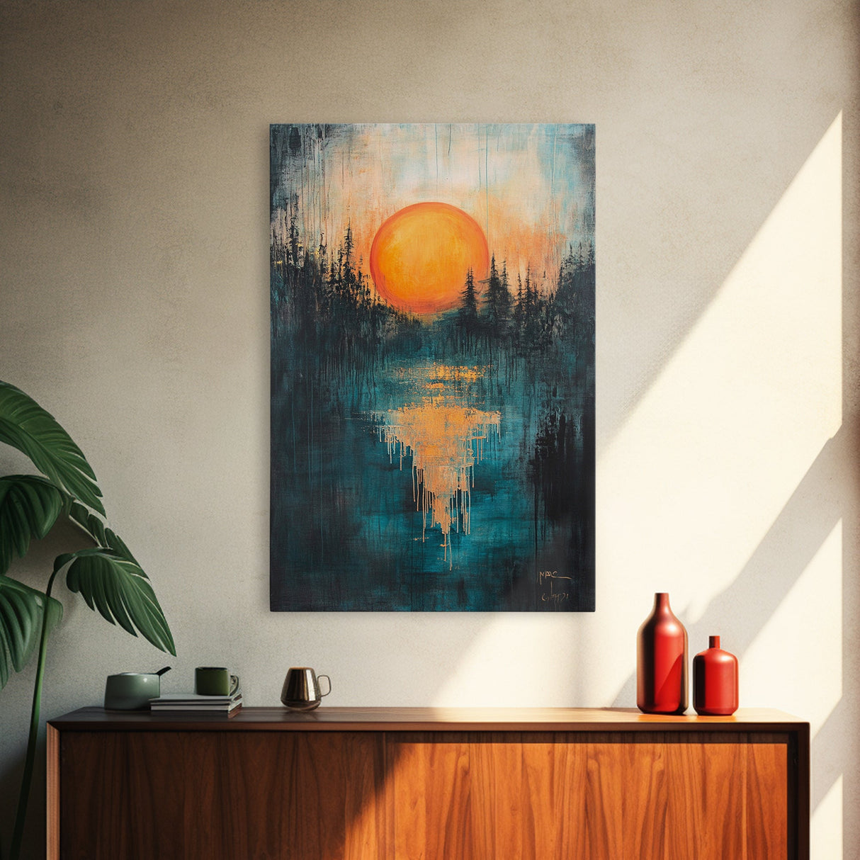 Sunset Over Water, Forest at Dusk Painting, Moody Landscape, Warm Glow Art, Nature Wall Art, Rustic Decor, Canvas Print