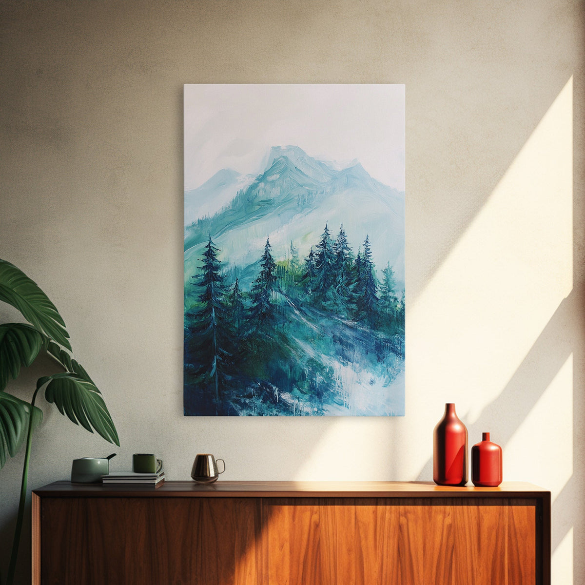 Mountain Painting, Forest Landscape Art, Nature Scene, Blue and Green Wall Art, Tranquil Scenery, Rustic Decor, Canvas Print