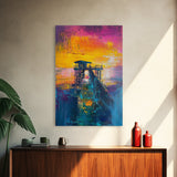 Sunset Pier Painting, Coastal Landscape Art, Vibrant Seascape, Nautical Wall Art, Bold Color Decor, Framed Canvas Print