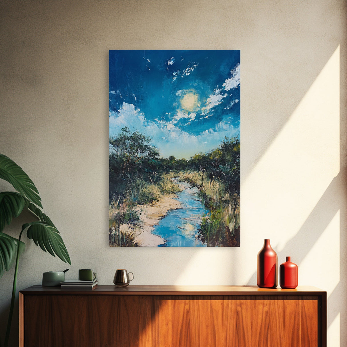 Moonlit Marsh, Moody Art, Coastal Landscape Art, Blue and Green Wall Art, Rustic Wall Art, Framed Canvas Print, Gift Idea