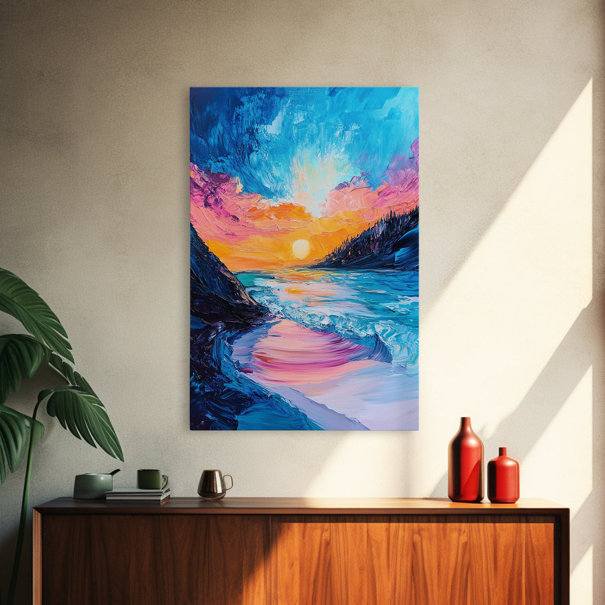 Colorful Beach, sunset painting, surf wall art, coastal painting, nautical decor, ocean waves, framed canvas print, seascape art