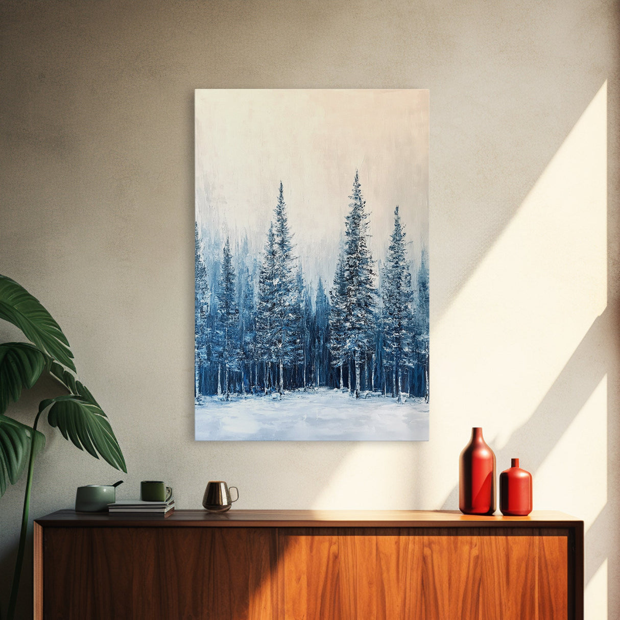 Winter Forest Scene, pine tree art, rustic wall art, moody art, landscape painting, minimalist art, Framed Canvas Print