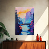 Vibrant Mountain Bridge, pink orange wall art, forest at dusk painting, landscape painting, above bed wall art, Canvas Print