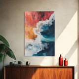 Fiery Ocean Wave, pink orange wall art, coastal landscape art, teal wall art, moody art, ocean abstract art, Framed Canvas Print