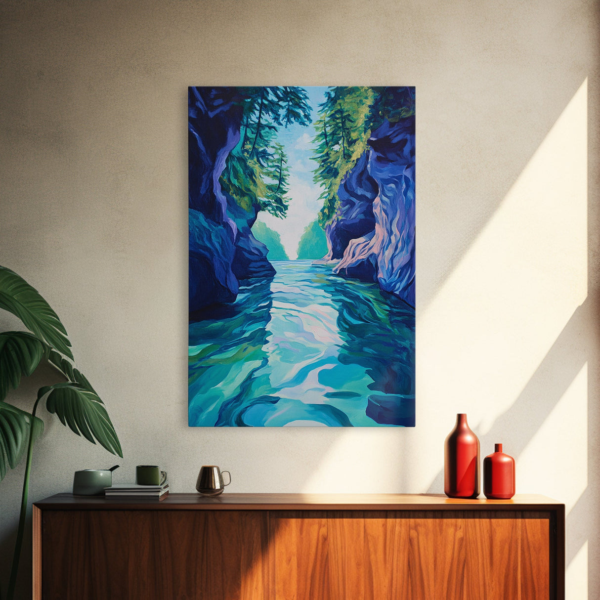 Serene Lake View, mountain painting, lake Tahoe art, blue and green wall art, landscape painting, boho art, Framed Canvas Print
