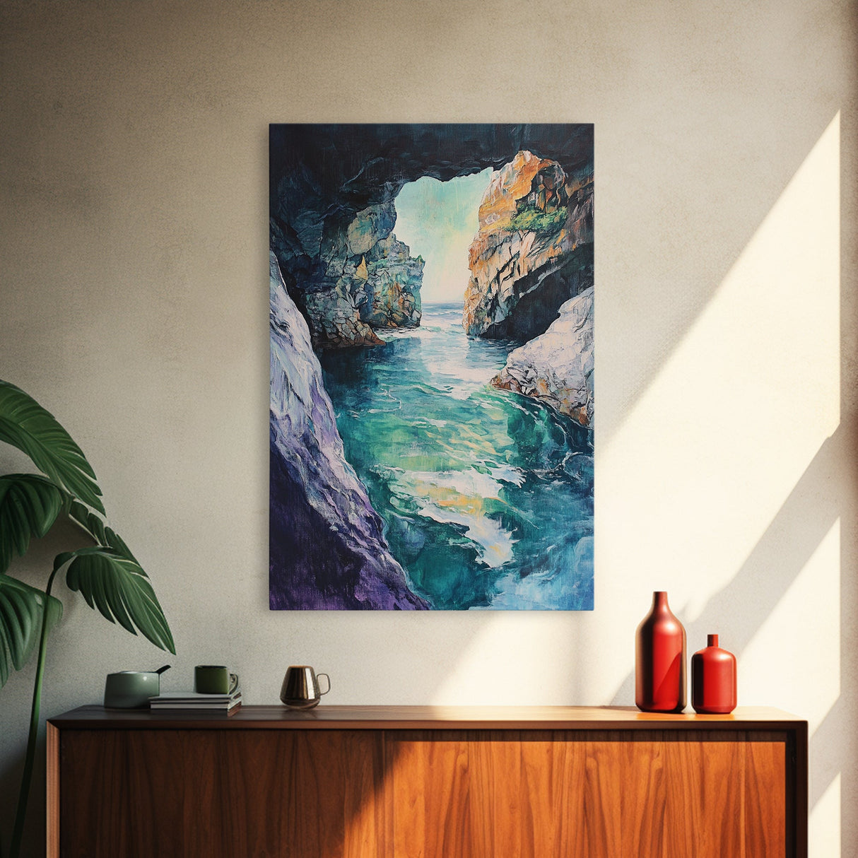 Hidden Sea Cave, nautical wall art, coastal decor, rustic wall art, moody art, Canvas Print, extra wide panoramic art