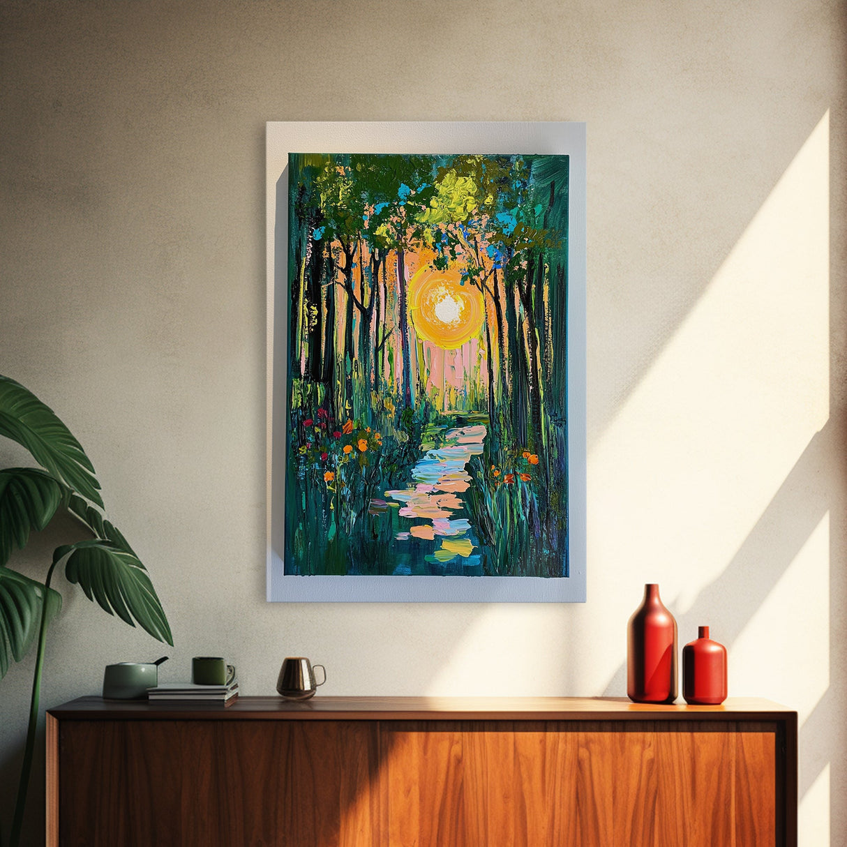 Forest Sunrise Path, wildflower painting, forest at dusk painting, wabi sabi wall art, whimsical art, Canvas Print