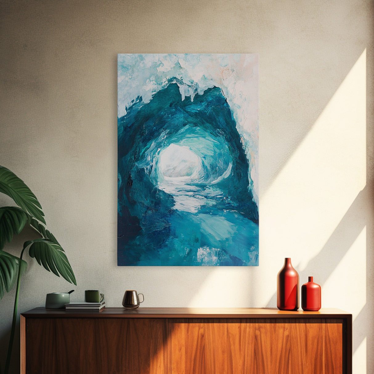 Ice Cave Entrance, blue and green wall art, moody art, geometric wall art, canvas print, extra wide art, wabi sabi art, winter decor