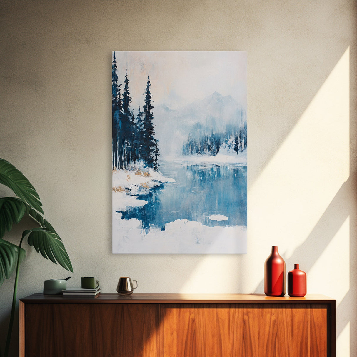 Snowy Mountain Scene, pine tree art, smoky mountain art, landscape painting, framed canvas print, rustic wall art, above sofa art