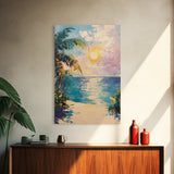 Tropical Beach Sunset, coastal cowgirl wall art, palm tree painting, beach scene, framed canvas print, bedroom art, nautical painting