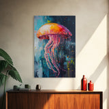 Vibrant Jellyfish Art, Coastal Wall Art, Ocean Life Painting, Whimsical Art, Teal Wall Art, Nautical Decor, Framed Canvas Print