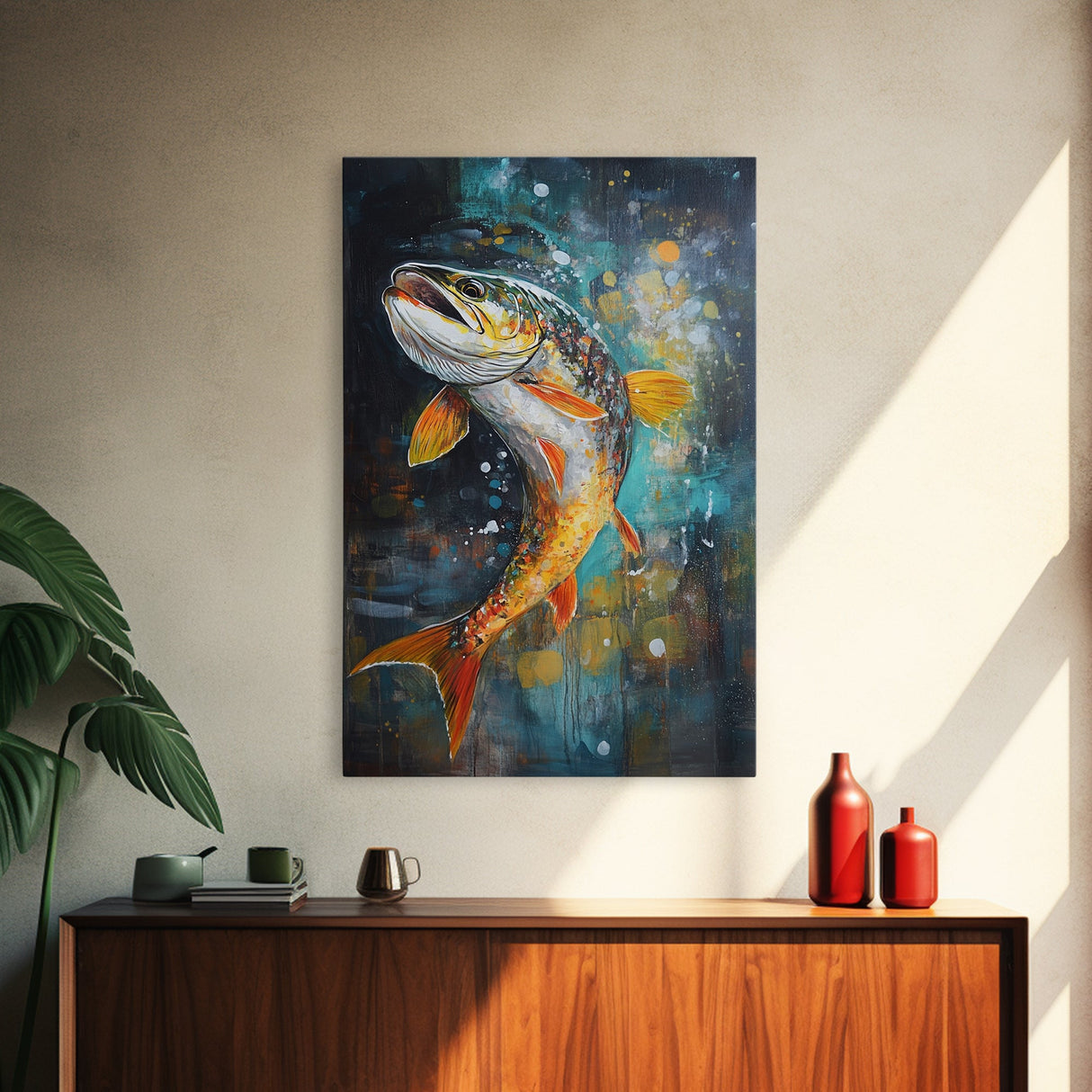 Vibrant Trout Art, Fly Fishing Art, Lake Tahoe Art, Rustic Wall Art, Nature Inspired Decor, Fisherman Gift, Canvas Print