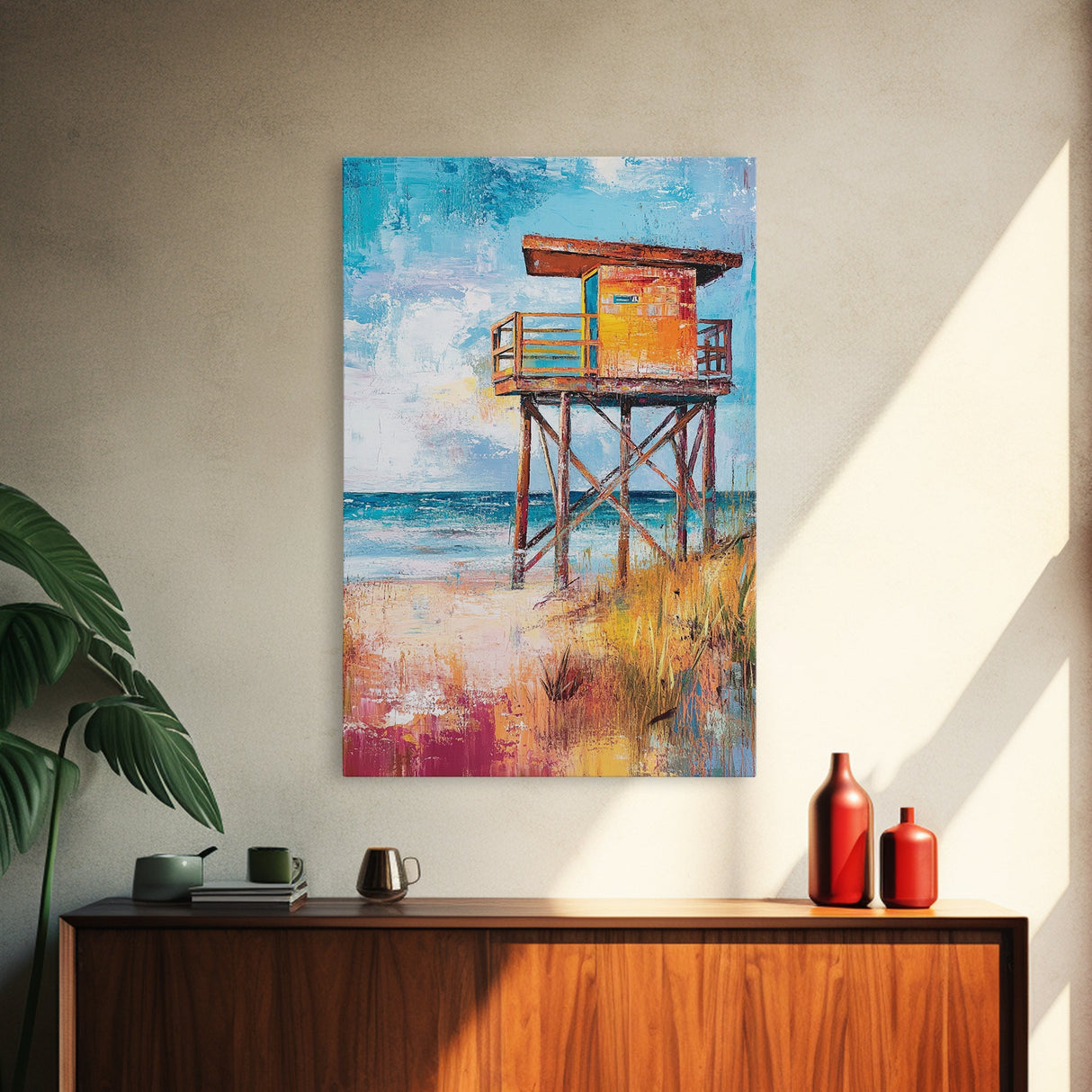 Lifeguard, Beach, Surf, Framed Canvas Print, coastal painting, beach house art, coastal cowgirl wall art, surf wall art, nautical painting