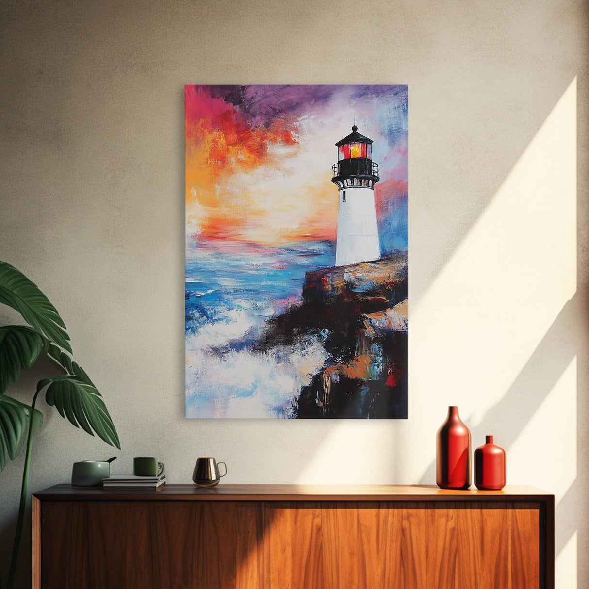Lighthouse, Ocean, Sunset, Framed Canvas Print, coastal wall art, seascape painting, nautical painting, original painting, rustic decor