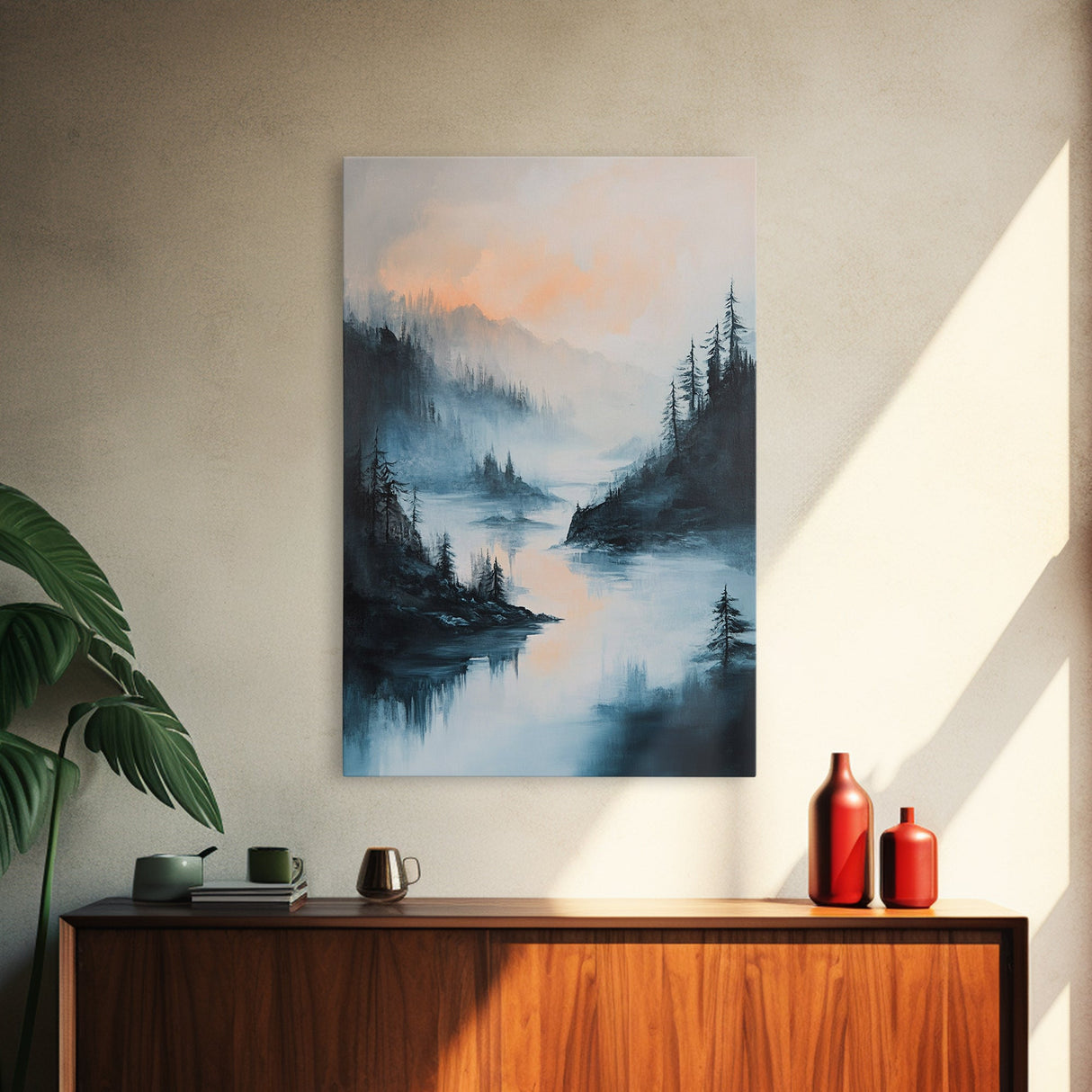 Misty Lake, landscape painting, smoky mountain art, pine tree art, moody art, blue and green wall art, Canvas Print, above sofa art