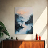 Misty Lake, landscape painting, smoky mountain art, pine tree art, moody art, blue and green wall art, Canvas Print, above sofa art
