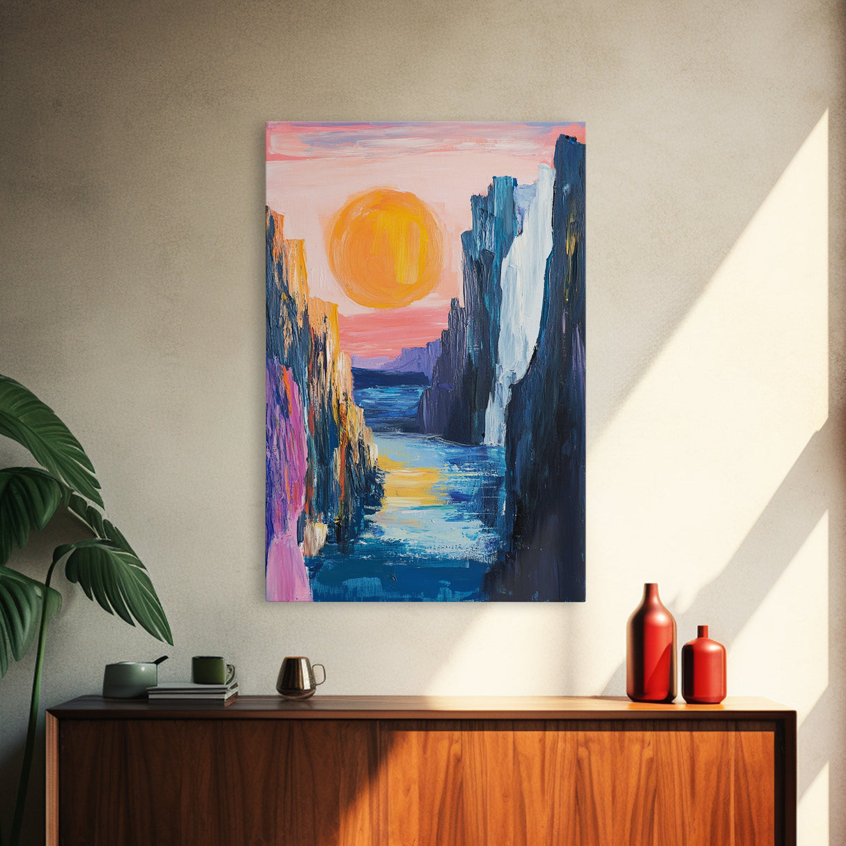 pink orange wall art, sunset painting, abstract landscape painting, blue and green wall art, Framed Canvas Print, boho art, modern decor