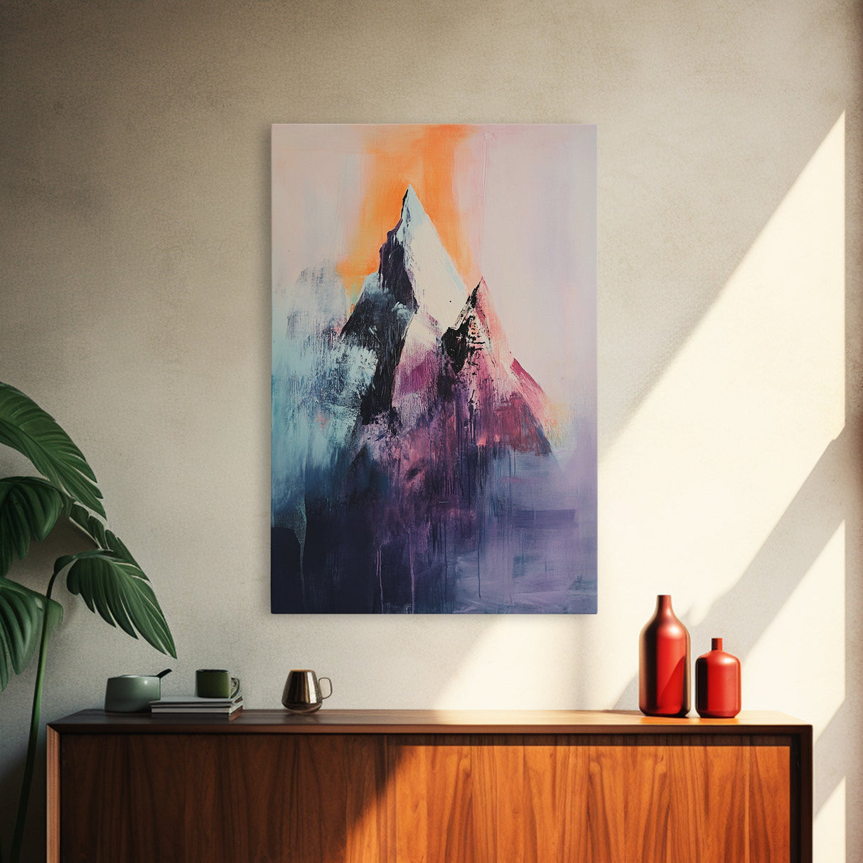 mountain painting, moody art, blue and green wall art, modern landscape painting, art nouveau print, Framed Canvas Print, minimalist art