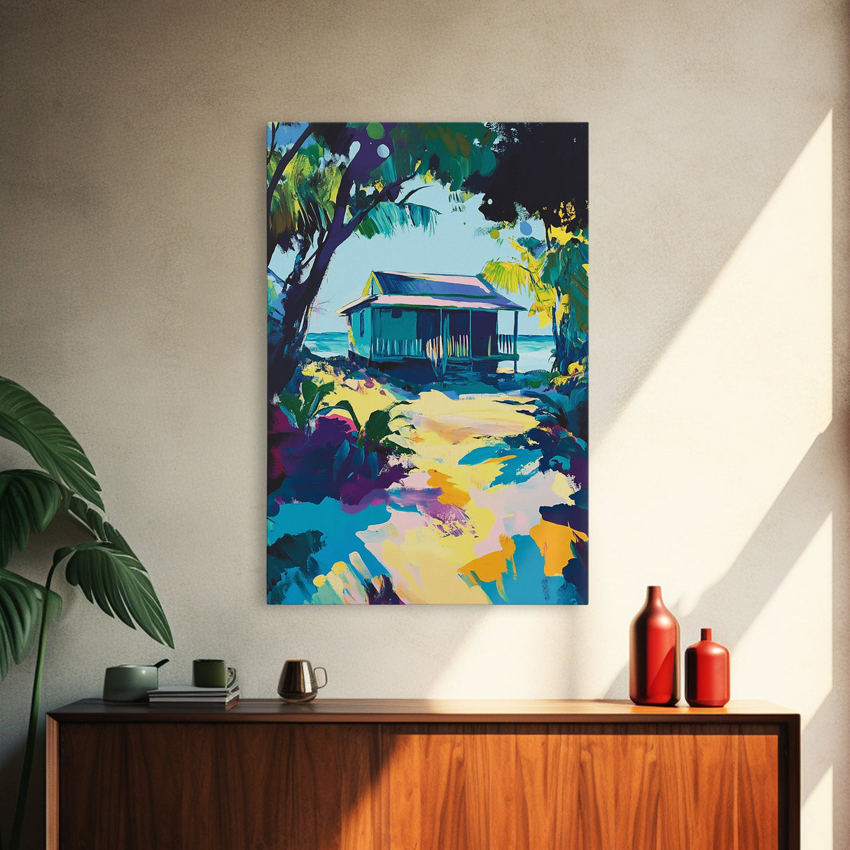 Tropical House, Hawaii Art, Coastal Cowgirl Wall Art, Palm Tree Painting, Coastal Landscape Art, Canvas Print, Living Room Art