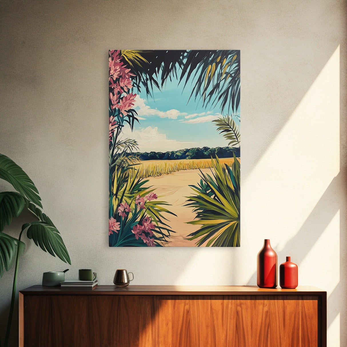 Tropical Landscape, palm tree painting, botanical prints, coastal landscape art, Canvas Print, living room art, wabi sabi wall art