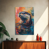 Otter Portrait, wildlife painting, whimsical art, blue and green wall art, Canvas Print, original painting, rustic wall art, gift idea