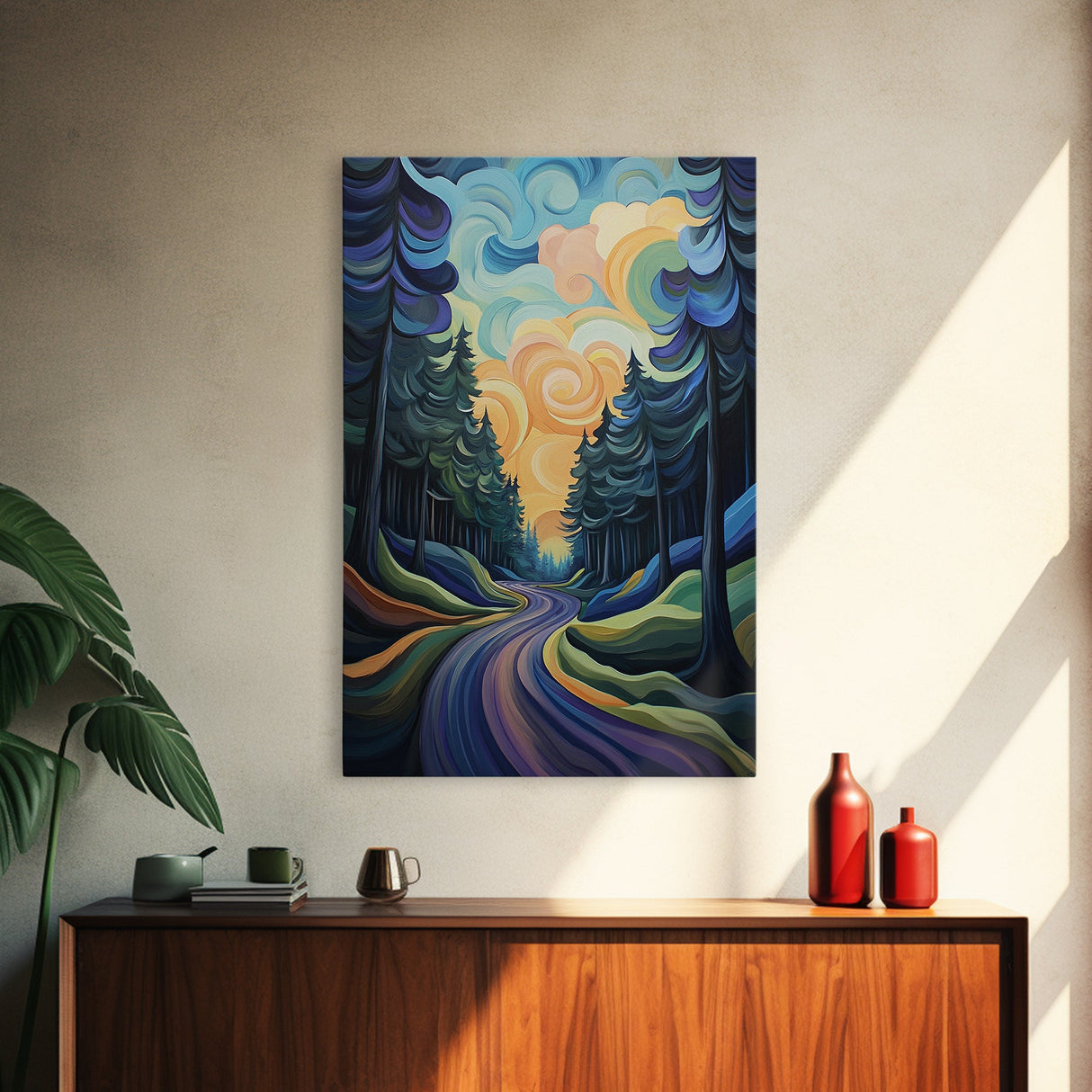 Fantasy Forest, pine tree art, forest at dusk painting, smoky mountain art, Canvas Print, moody art, tall skinny art, guest room art