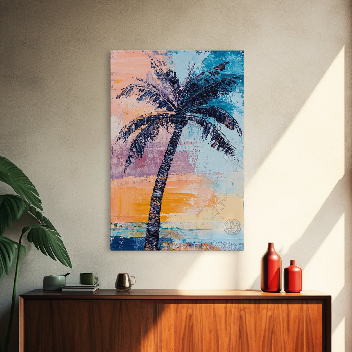 Palm Tree, tropical painting, coastal decor, surf wall art, Hawaii art, beach house decor, ocean painting, framed canvas print