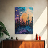 Cosmic Trees, forest at dusk painting, pine tree art, fantasy landscape, moody art, celestial wall art, mystical art, canvas print