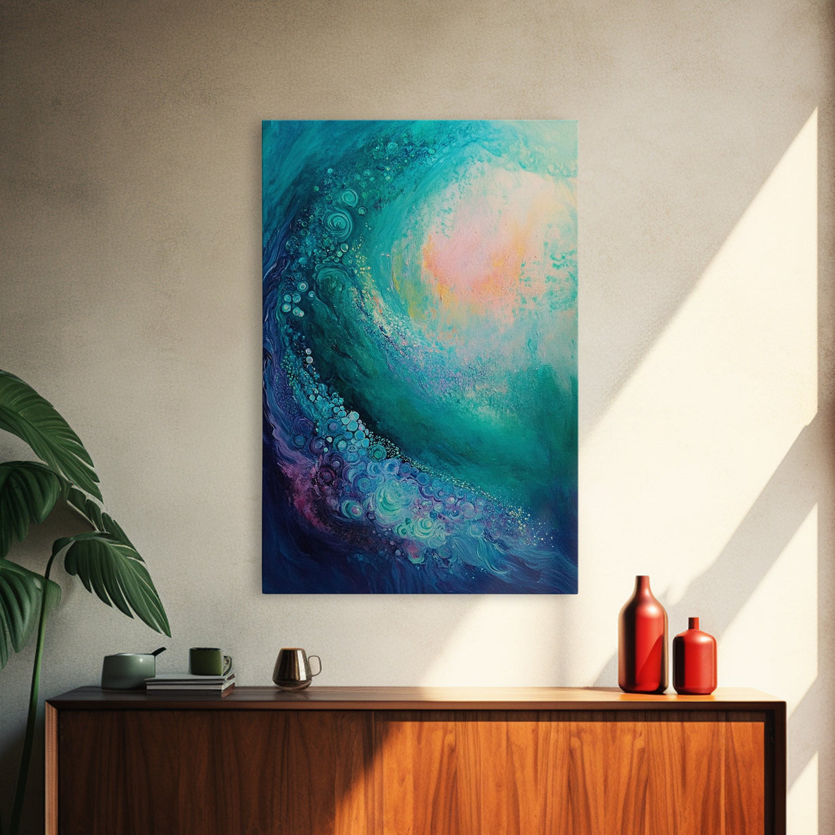 Ocean Wave, surf wall art, nautical decor, abstract seascape, beach house painting, blue and green wall art, framed canvas print