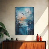 Seagull Art, coastal wall art, nautical painting, ocean birds, teal wall art, moody art, framed canvas print, gift idea, coastal decor