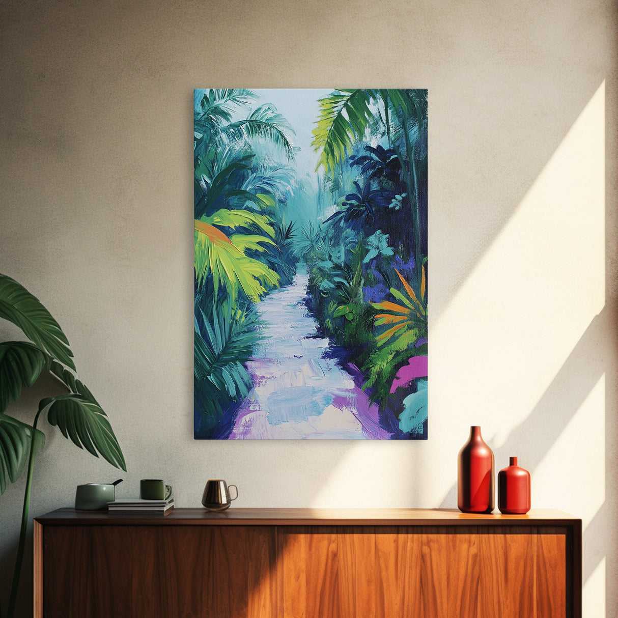 Jungle Walkway, tropical painting, palm tree painting, botanical prints, green wall art, living room art, canvas print, home decor