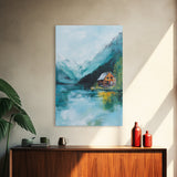 Cabin by Lake, lake Tahoe art, mountain painting, rustic wall art, bedroom art, nature wall art, framed canvas print, home decor