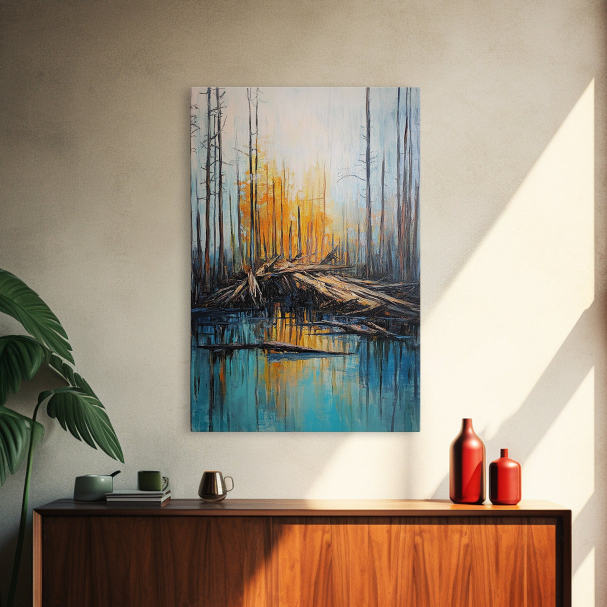 Forest at Dusk, Pine Tree Art, Landscape Painting, Moody Art, Rustic Decor, Nature Wall Art, Framed Canvas Print, Wabi Sabi Art