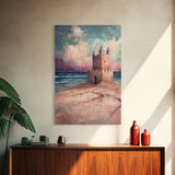 Fantasy Castle Framed Canvas Print Dreamy Coastal Art, Whimsical Beach Painting, Living Room Wall Decor, Pastel Ocean Landscape