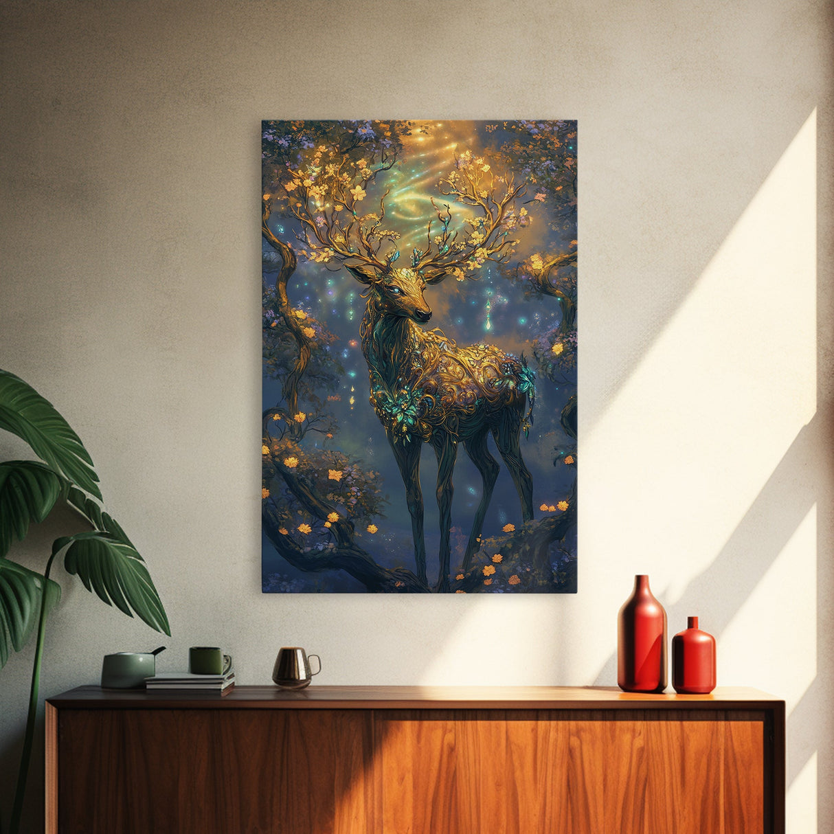Golden Stag, Mystical Forest, Fantasy Animal Art, Sacred Geometry Wall Art, Rustic Wall Art, Living Room Art, Canvas Print, Gift Idea