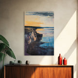 Dramatic Cliff Sunset Canvas Print Coastal Landscape Wall Art, Ocean Sunset Painting, Modern Beach Decor, Bedroom Aesthetic